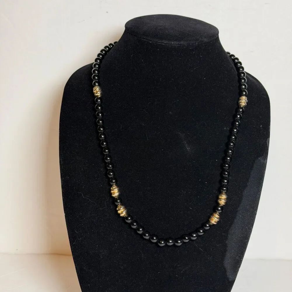 Signed Ginnie Johansen Black Bead Necklace Gold Tone Spacer Beads 23"